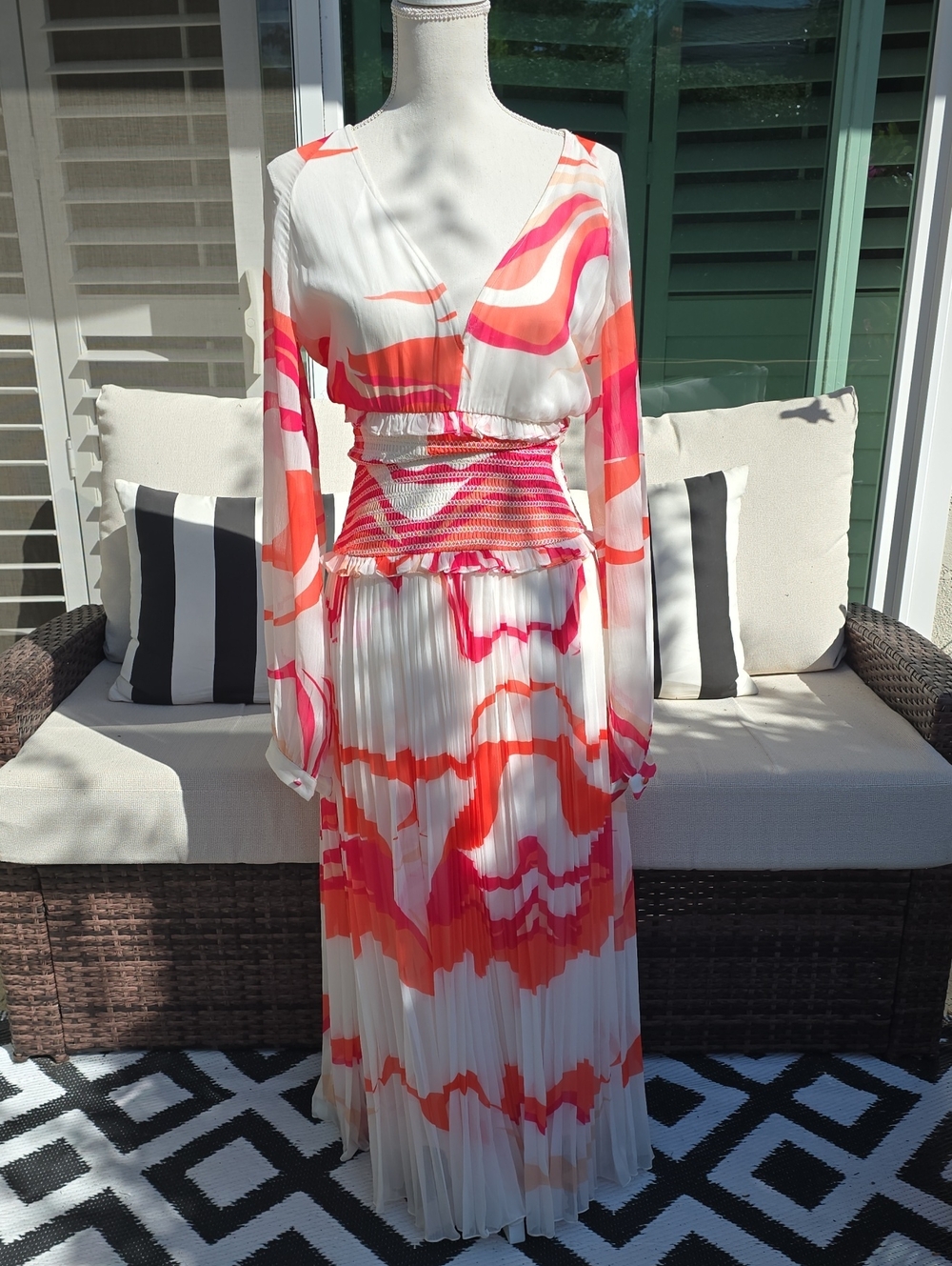 Rococo Sand White Maxi Dress with Pink & Orange Wave Print